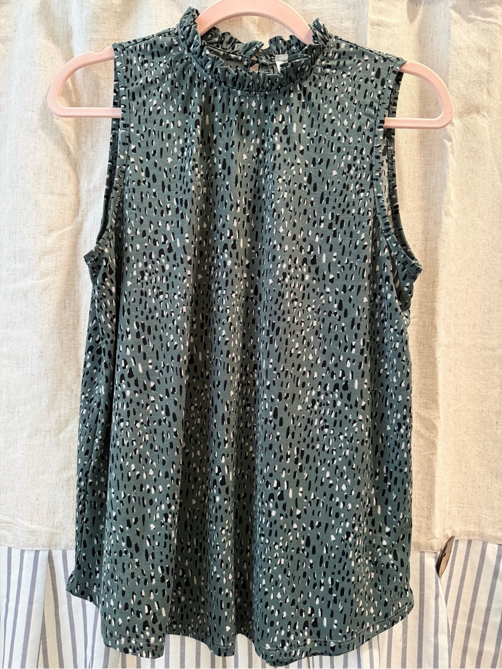 MTS Green Black White Printed Ruffle Neck Sleeveless Blouse